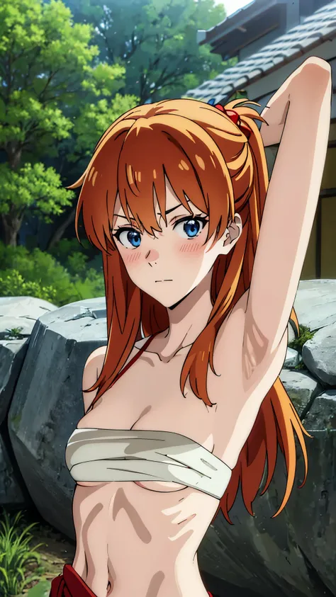 asuka langley soryu, masterpiece, highres, solo, 8k, detailed, perfect face, best quality, (ultra high quality), (looking at viewers), (armpit), collarbone, bare arms, bare shoulders, small breast, cleavage, orange hair, long hair, hair ornament, blue eyes...