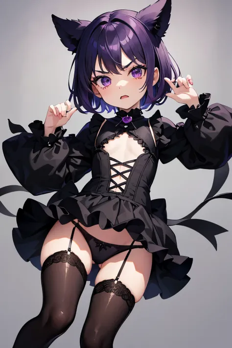    Ultra detailed, mime girl, loli:1.5, child:1.5 10yo:1.5),  , short purple hair and black , angry face,mimic makeup , flat chest, dark gothic,  revealing clothes,  skirt tutu stily, thong pantie lace , long socks. 