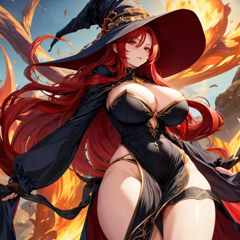 1 woman, Mirael, tall body, big breasts, big thighs, red hair, long hair, black dress, witch hat   