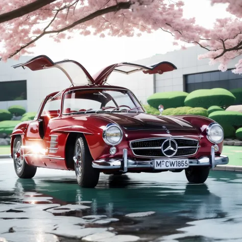 mercedes-benz 300sl, (anime style:1.8), in a japanese garden with stones and streams, luxurious bright contemporary modern full,...