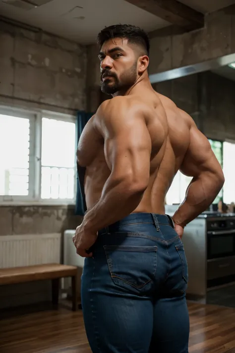 hulk photography, light cinematic heavyweight bodybuilder 75kg full muscle, Bigote grueso y trozo chino barbudo, hombres muy guapo. perfect body proportion,, hypermuscular nalgon, realista,  jeans grises, backside, trasero inclinado, detallado