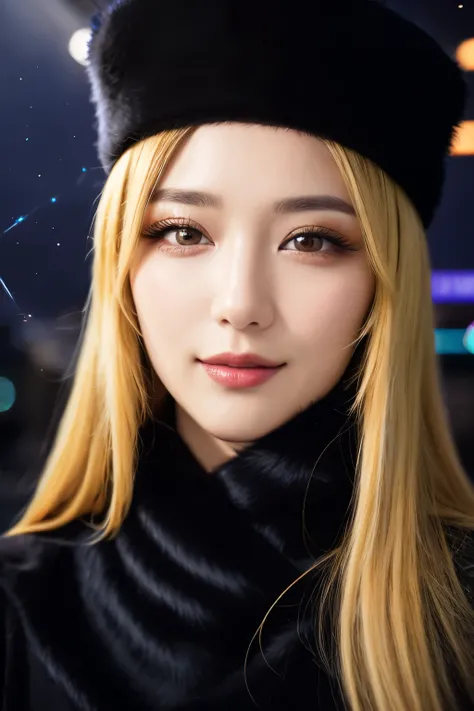 Material, long hair, blonde hair,fur trim, black hat, fur has, dress,(cowboy shot:1.1), yellow eyes, (luggage:1.1), vapor (station:1.1),stationのプラットホーム, night, Milky Way,999 highest quality, very detailed, masterpiece, disorganized,8K, (fine eyes, deep ...