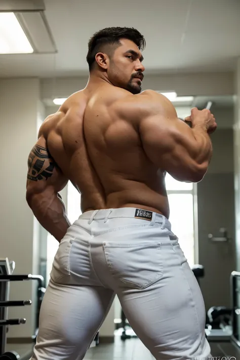 hulk photography, light cinematic heavyweight bodybuilder, 75 kg of complete muscle,  Bigote grueso y trozo chino barbudo, hombres muy guapo. perfect body proportion,, hypermuscular nalgon, realista, white jeans, backside, trasero inclinado