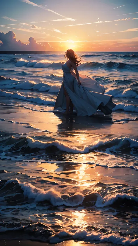 a true masterpiece depicting peace, all dreams, a woman on the beach, windy, silhouette, cinematic,hope, gorgeous lighting, cont...