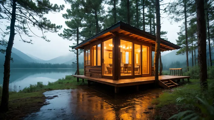 a rainy day in the forest with a cabin with lit windows on the edge of a lake