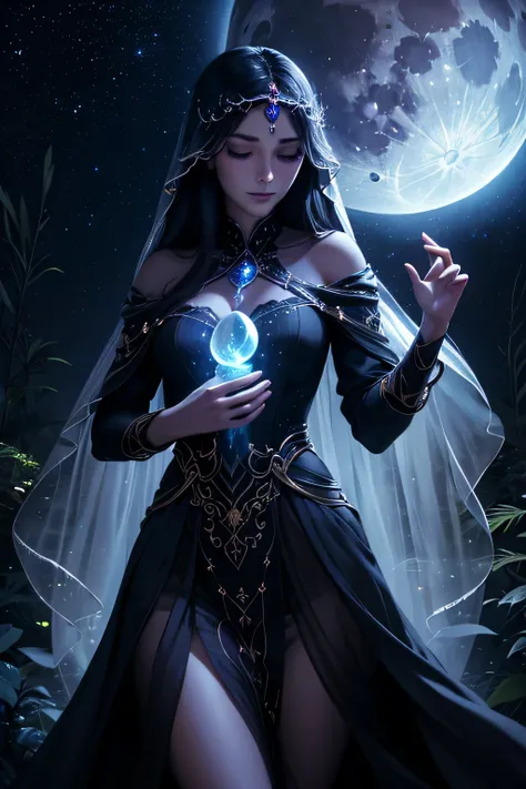 midnight goddess,shadowy figure,darkened sky,elegant and mysterious lady,goddess of the night,peaceful and dangerous,veil of darkness,infinite wisdom,moonlit serenity,glimmering stars,sacred secrets,hushed whispers,whispers of the night,eternal enchantment...