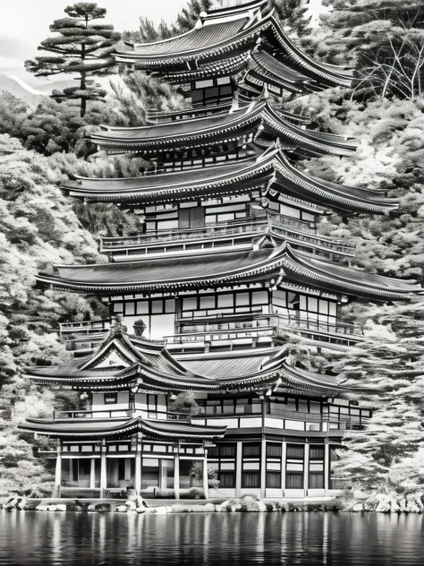 ((kinkakuji temple、japanese temple on the lake, draw a picture with a pencil sketch，flat black and white sketch，realistic sketch...