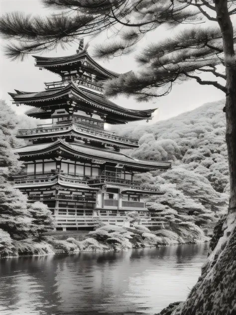 ((kinkakuji temple、japanese temple on the lake, draw a picture with a pencil sketch，flat black and white sketch，realistic sketch...