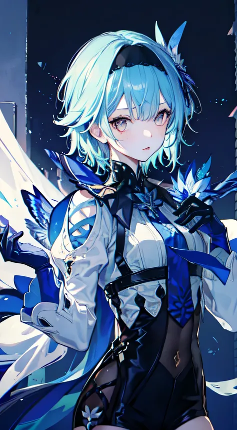 1 girl, (alone:1.2), ((masterpiece)), [slim], (small box), ((fine eyes)), (Bokeh effect), medium shot, oil def, (light blue hair), short hair, black hair band, (blue gloves), (blue tie), elegant