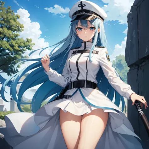 Esdeath, anime Akame ga kill, 1 sola chica, pelo azul cielo, ojos azul cielo, expression would be, ropa de general femenina color blanco con falda blanca, botas blancas largas que llegan hasta las piernas con una linea negra al final de las botas, gorra de...