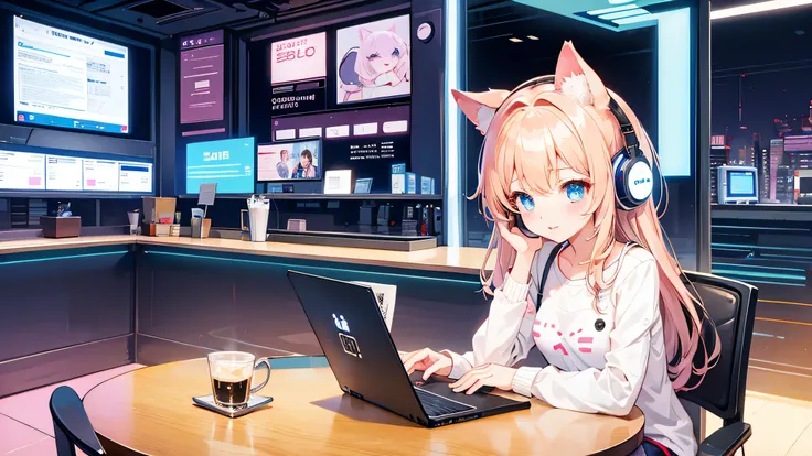 A girl wearing glowing cat ear headphones、Touching a computer、Cafe au lait