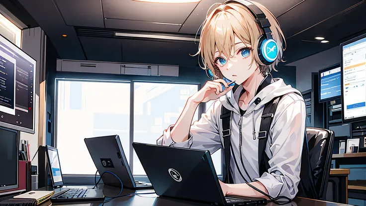 Handsome boy wearing headphones、Touching a computer、Cafe au lait