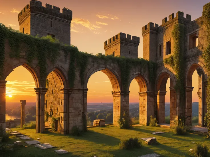 a large old abandoned castle, with plants consuming the walls, the pillars of the castle, some broken pillars, cracked gate, web...