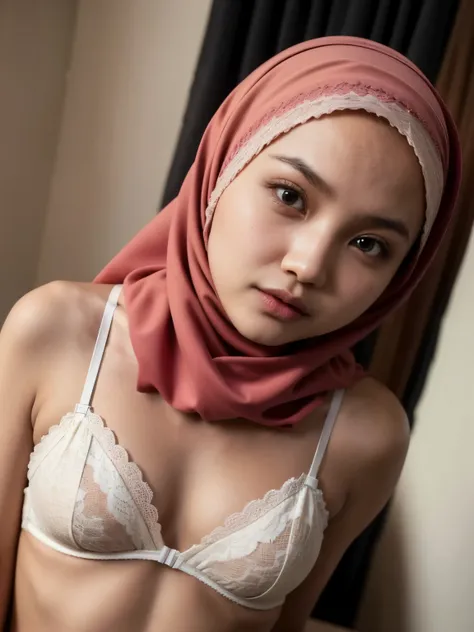 Very Thin body (Wearing Bra Lingerie), (((HIJAB MALAY GIRL))), masutepiece, High quality, UHD 32K, Realistic face, Realistic skin feeling , A Malay Lady, 8 years old, , Very cute and baby-like face, (((FLAT CHEST))), (MATRIX WORLD), ((look In front  at the...