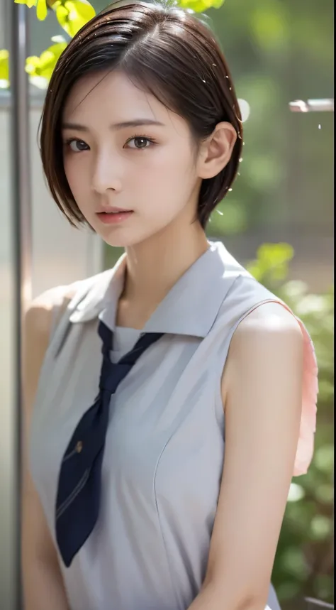 Photorealistic beautiful female student、18-year-old、amazingly beautiful、beautiful body、(highest quality、8K、32k、masterpiece、nffsw:1.3)、ultra high resolution,(Photoreal:1.4),Raw photo, detailed face,,beautiful hair, ((doctor style)), ,very short hair 、very s...