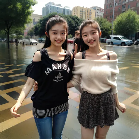 Identical twin sisters dancing, 20-year-old, bangs, Smile、off-the-shoulder top