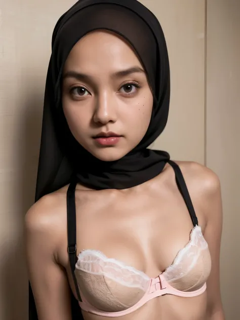 Very Thin body (Wearing Bra Lingerie), (((HIJAB MALAY GIRL))), masutepiece, High quality, UHD 32K, Realistic face, Realistic skin feeling , A Malay Lady, 8 years old, , Very cute and baby-like face, (((FLAT CHEST))), (MATRIX WORLD), ((look In front  at the...