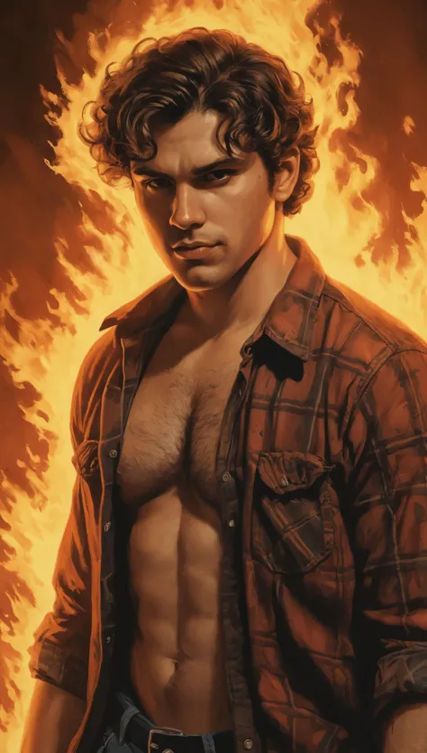 An illustrated movie poster, hand-drawn, full color, a male demon, 28 years-old, wearing a grunge flannel shirt, covered in flames, reddish skin, stocky, doughy physique, soft belly, deep brown eyes, wide bulbous nose, full lips, black hair, curly hair, th...