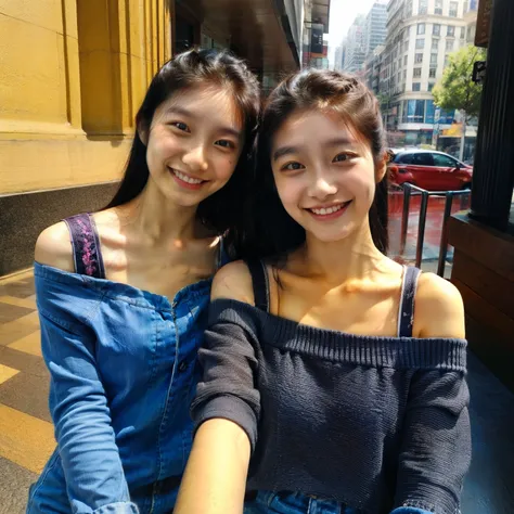 identical twin sisters taking a selfie, 15 years old, bangs, smile、off-the-shoulder top