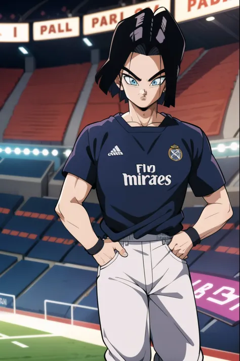 number 17 ,parted hair, short hair   and blue eyes,dragon ball style.  in a football stadium wearing a purple shirt of Real Madrid , one man , perfect anatomy , full hd