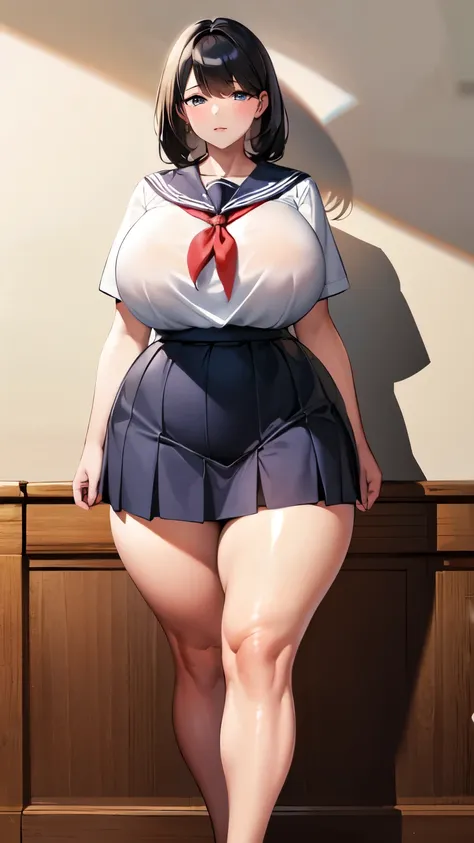 huge breasts, big hips,full body shot, mature mother, Whip whip lower body, plump thighs, plump calves, bewitching mature woman, Perfect body, plus size model,high school girl,sailor suit, skirt is short,Mature woman wearing sailor suit,