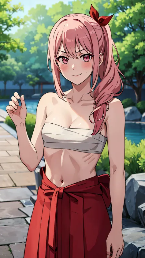 short girl, masterpiece, highres, solo, 8k, detailed, perfect face, best quality, (ultra high quality), (looking at viewers), (armpit), collarbone, bare arms, bare shoulders, small breasts, cleavage, pink hair, long hair, side ponytail hair, red ribbon, pi...