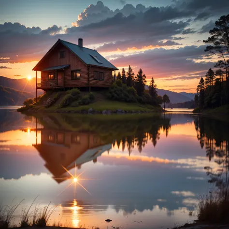 There is a cabin by a lake, paisagem linda, surreal, realista, sun sunset, tranquilidade, Special cinema lighting  