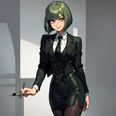 female with green fringe style bob haircut, wearing white fur lined robe, ((skirt suit)), suit and tie, (((three-piece suit))), silk dress shirt, shirt and tie, (((necktie))), ((blazer)), ((suit jacket)) ((waistcoat)), ((bodycon miniskirt)), (((pencil skir...