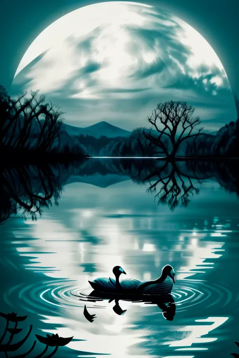 Swan, a graceful figure gliding effortlessly over the tranquil lake, in the stillness of the night. Amidst the Twilight of the Moon, the serene swan paddles with its powerful legs, leaving gentle ripples on the mirror-like surface. Surrounded by trees by t...