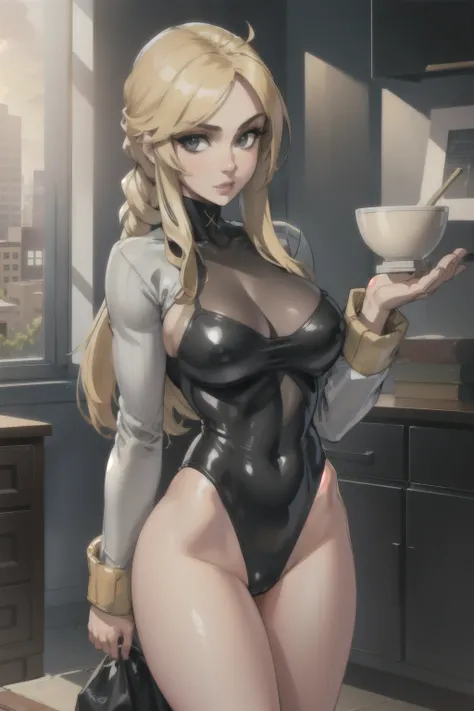 masterpiece, best quality, agrias, grey sweater, black leotard, standing, looking at viewer