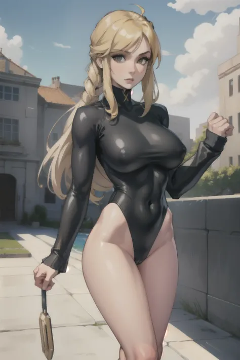 masterpiece, best quality, agrias, grey sweater, black leotard, standing, looking at viewer