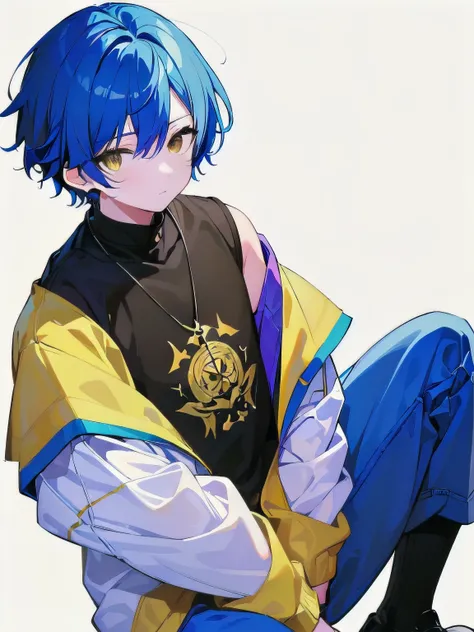 [(WHITE BACKGROUND:1.5),::5], ((((masterpiece)))), high quality, very_high_resolution, large_filesize, full color, ((younger boy)), 13 old year, short deepblue hair, vivid color, ((yellow eye)), civilian clothes white, anime, ((whole body))