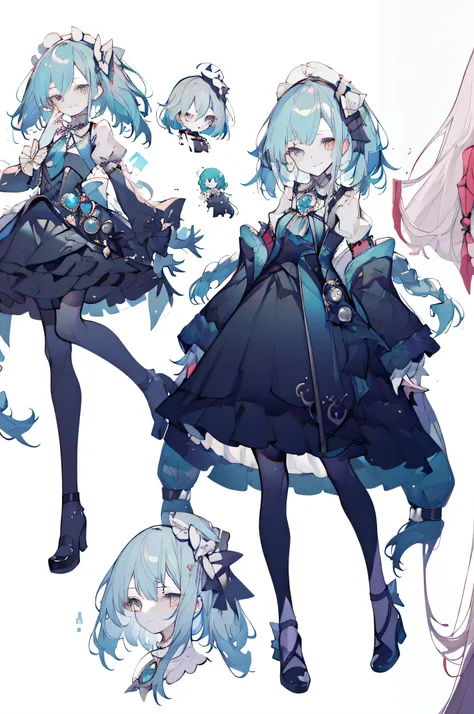 Three views of roles,Character Design,Character Design,Three Views,full body esbian,frontage,side,behind,sett,lolita prostitute,so gorgeouaximalism,extreme details,Rococo style,super long hair,intricate accessories,Complex hairstyles,gem,blue hair,evil smi...