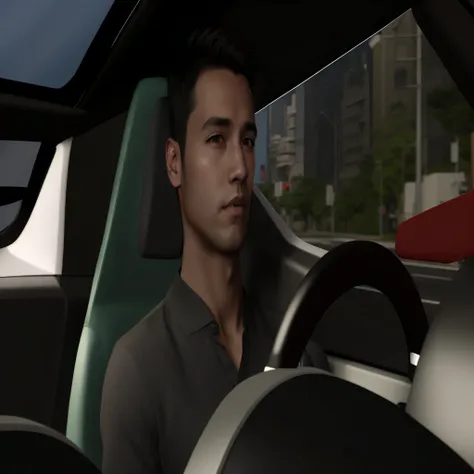 homem arafiado em um carro com volante e vista para a cidade, 3D Demo Roll Avatar, captura de tela do jogo simulador de vida, semi-realista render, dirigindo a car, dirigindo, motorista, sem capuz | | sombreado realista, avatar da segunda vida, semi-realis...