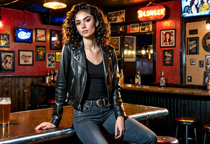 Photorealistic tall, slender woman sitting on a bar stool in a relaxed posture at a dive bar. Long, curly dark brown hair, strong features, dark eyes. Black jeans, high heeled combat boots, a leather jacket over a fitted light-colour crew-neck t-shirt. sli...