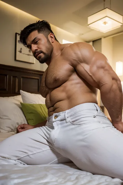 hulk photography, light cinematic heavyweight bodybuilder, 75 kg of complete muscle,  Bigote grueso y trozo chino barbudo, hombres muy guapo. perfect body proportion,, hypermuscular nalgon, realista, white jeans, backside, trasero . lying in bed backside j...