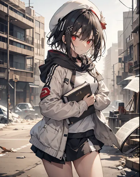 sparrow, a black haired girl, wearing a white hoody, short hair, messy hair, white hoody, slim body, she hug a book, small breasts, she close her left eye, shirt ornament, white beret, angry expression, red eyes, miniskirt