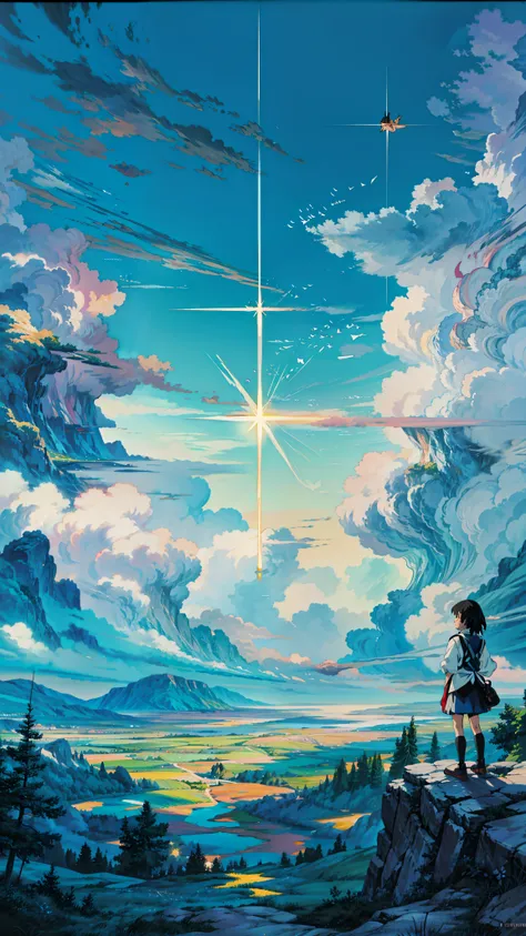 a painting of a star shining in the sky, anime beautiful peace scene, luminous sky heaven background, anime. by makoto shinkai, style of makoto shinkai, cosmic skies. by makoto shinkai, by makoto shinkai, by Makoto Shinkai, anime nature wallpap, makoto shi...