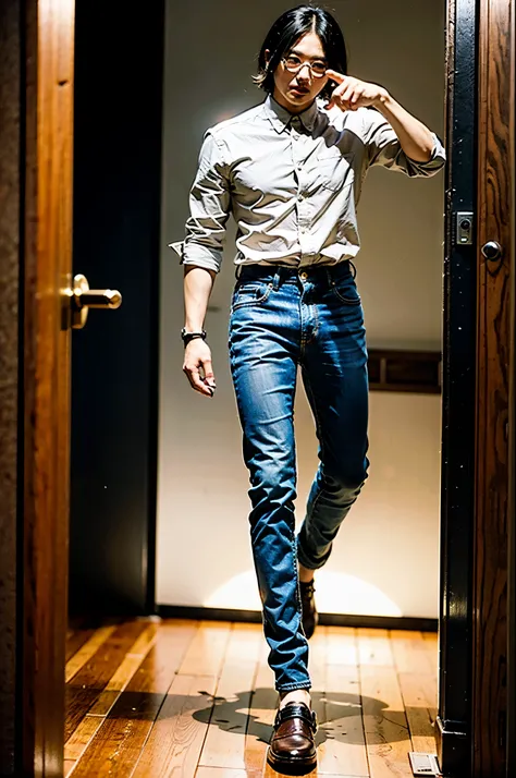 The image features a Japanese man in full body, 30 anos usando oculos, ele tem cabelo azulado e esta de terno azul e gravata, jeans and shirt, The man is standing alone with his arm extended in front of him. He appears to be pointing at something or someon...