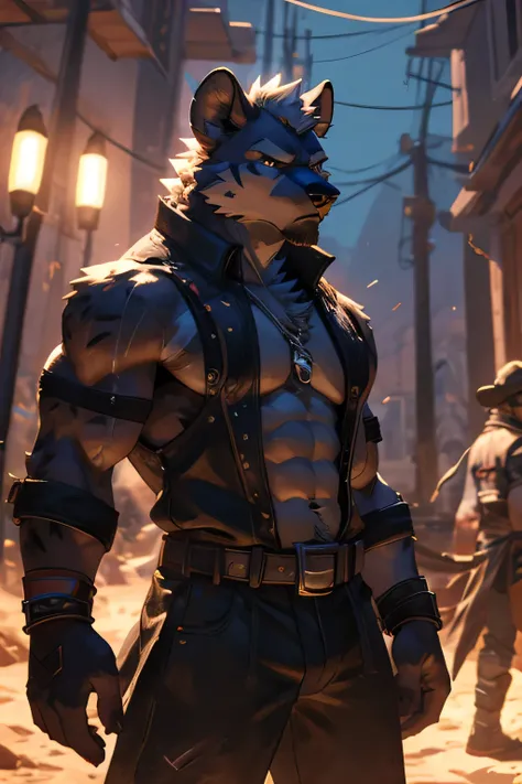 Masterpieces, furry, male, Anthropomorphic, old hyena, veiny, slender body type, twink, plump six packs, Delicate eyes, white goatee, grizzled fur, glistening body, thug, wasteland thug, tan skin, dirty, depth of field, perfect lighting, (best quality),(ma...