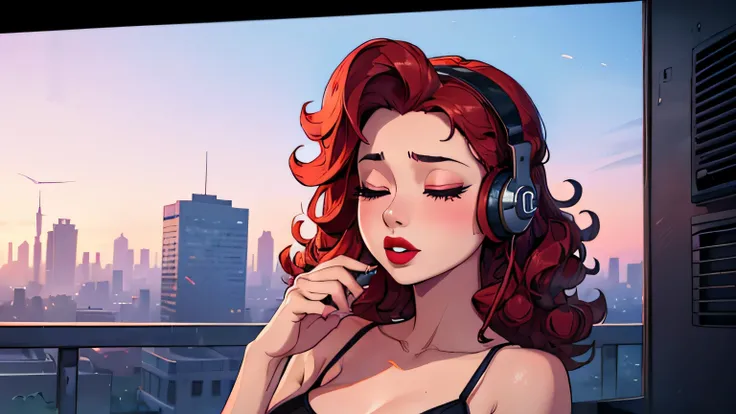 (a girl,beautiful eyes,closed eyes,longeyelashes,red lipstick,curly hair),(sensual),(headphones on),(smooth sound),(lo-fi beats:1.2),(gta style)