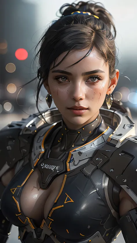 (masterpiece), (extremely intricate:1.3), (realistic), portrait of a girl, the most beautiful in the world, (black cyborg armor), metal reflections, upper body, detail complex background, futuristic city background, night time, professional photograph of a...