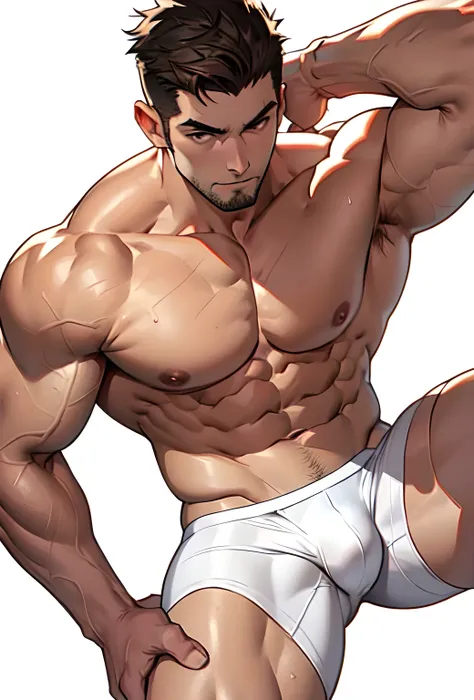 full length, 1 college student, perfect body,male body,strong muscles,Abdomen muscles are wavy..,abdomen, naked, nude, sexy male underwear,strong legs,spread your arms, looking at camera, anime style, Keep a flat head, brown hair, stand, Very detailed, 2d ...