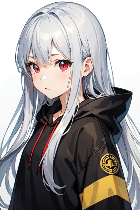 background through, long hair、straight hair、silver hair girl, red eyes、Super high quality, 8K、Upper body、black hoodie、