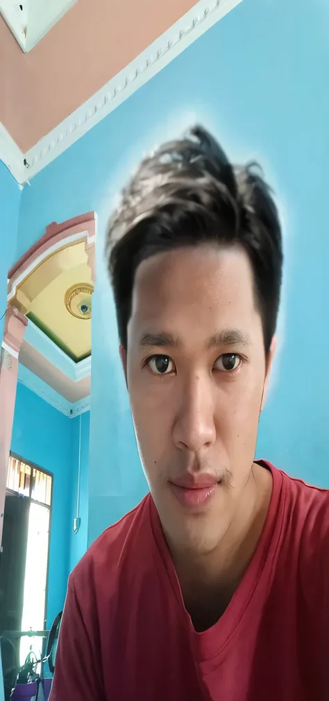 there is a man that is sitting in front of a blue wall, with accurate face, selfie photo, face photo, clean shaven face, potrait, 8k selfie photograph, selfie, selfie shot straight on angle, south east asian with round face, photo style of shawn paul tan, ...