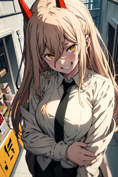 (highest quality), (masterpiece), (alone), 1 girl, force_CSM, blonde hair, yellow eyes, cross-shaped pupil, pupil in the shape of a symbol, red horn, white buttoned shirt, black tie, sharp teeth, grin and laugh, Are standing、dutch angle