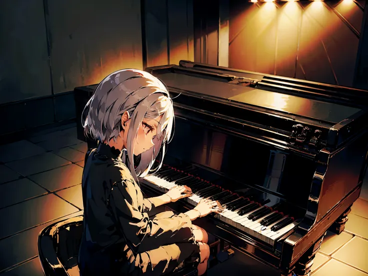 a girl with beautiful silver hair and expressionless red eyes, wearing a black , sitting and playing the piano, in a dark room