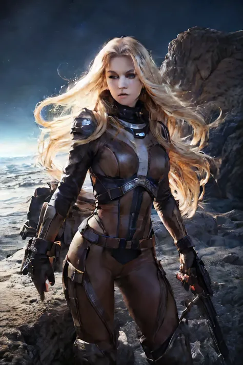 Horny sexy Blonde woman space ranger, full body shot head to toe, exploring a dry rocky almost barren ice planet, running 3/4 profile left, holding a long barrol multishot space hunting rifle, ultra blonde white hair, wavy hair, curly hair, sexy hair, larg...