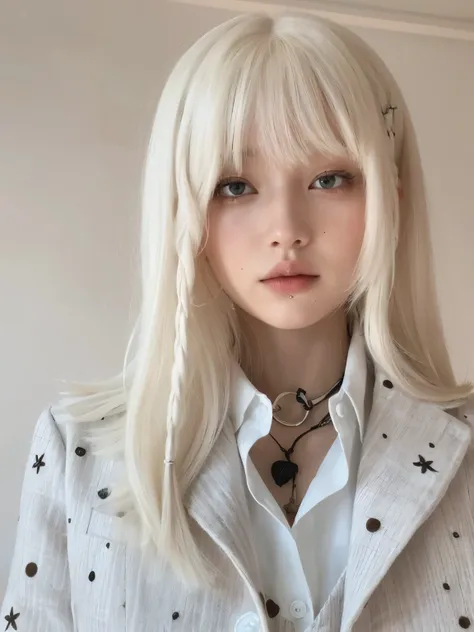 chica de pelo rubio con un collar y un collar con una cruz, peinado de corte hime blanco, flequillo blanco, pelo largo y blanco y flequillo, con el pelo largo y blanco, pelo blanco con flecos, su cabello es blanco, con pelo largo y blanco, pale porcelain w...