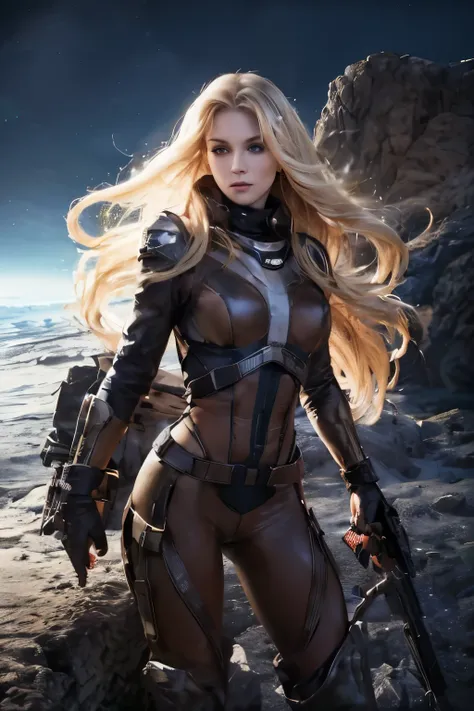 Horny sexy Blonde woman space ranger, full body shot head to toe, exploring a dry rocky almost barren ice planet, running 3/4 profile left, holding a long barrol multishot space hunting rifle, ultra blonde white hair, wavy hair, curly hair, sexy hair, larg...